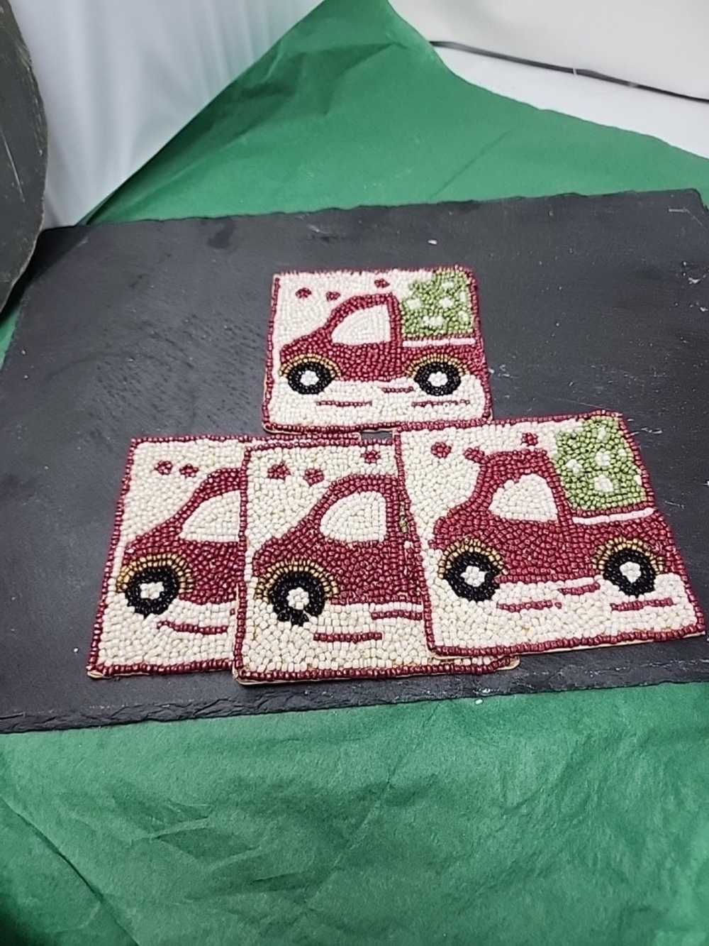 Handcrafted Red Truck Bead Coasters - Home Accents